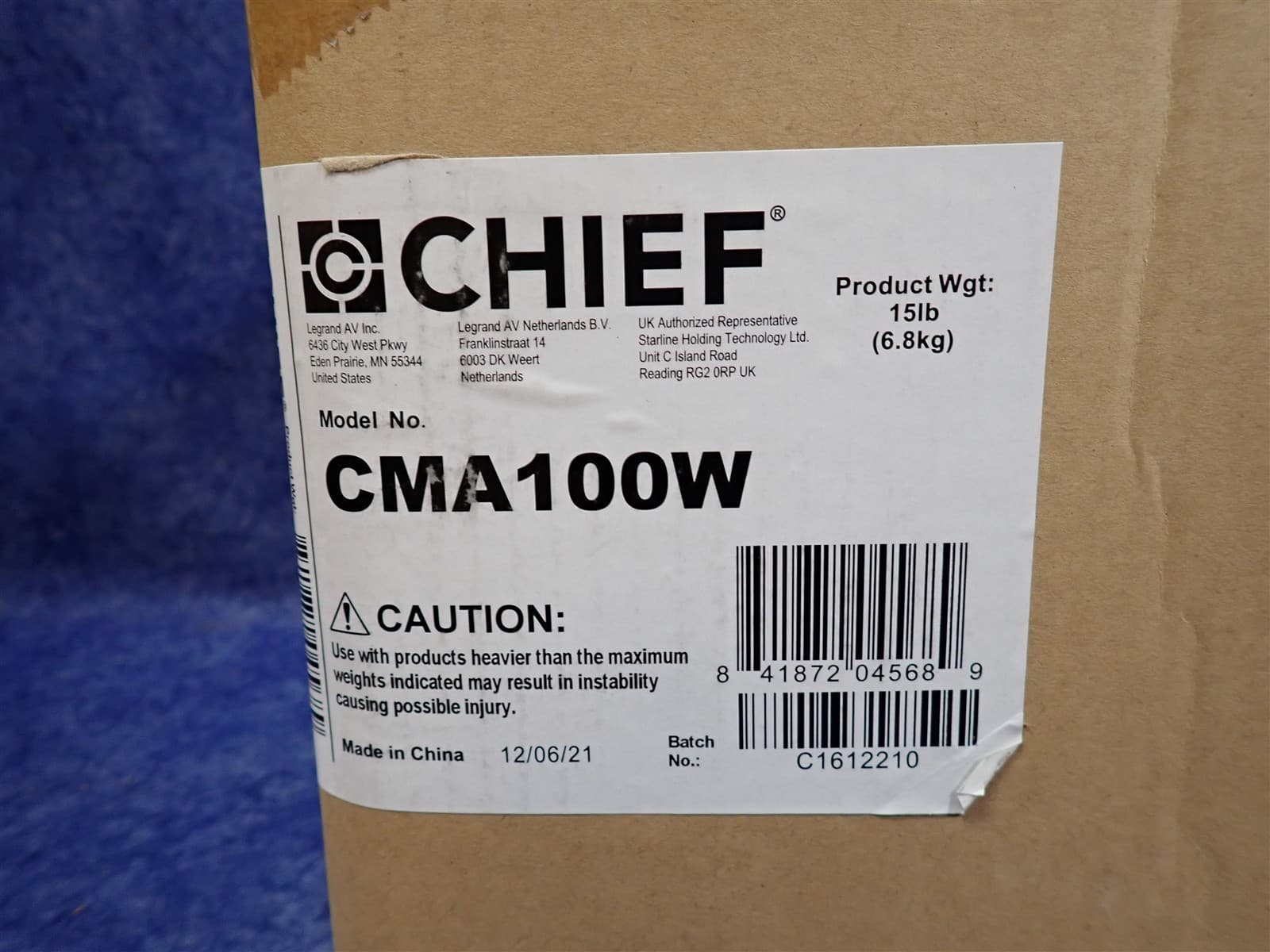 NEW Chief CMA100W 8" Ceiling Plate with Adjustable 1.5" NPT Column, White (H23) 2