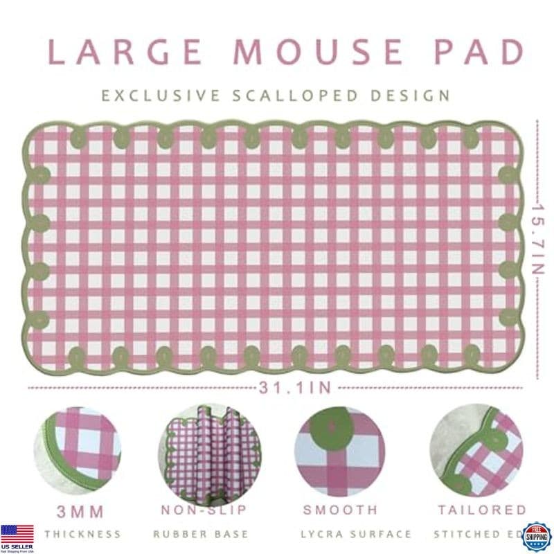 Pink & Green Scalloped Desk Mat - Large Checkered Mouse Pad, Kawaii Vintage 4