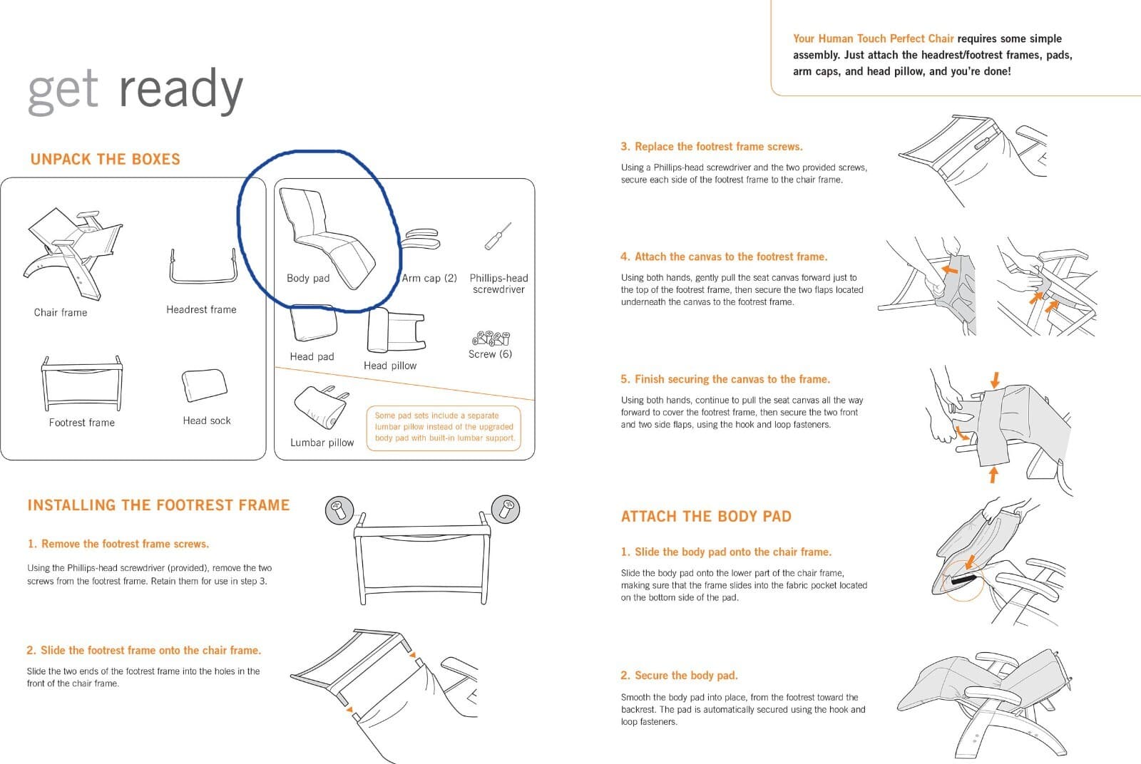 HUMAN TOUCH PC-410 PC-510 PERFECT CHAIR Body Pad Set Only Cognac Premium Leather 6