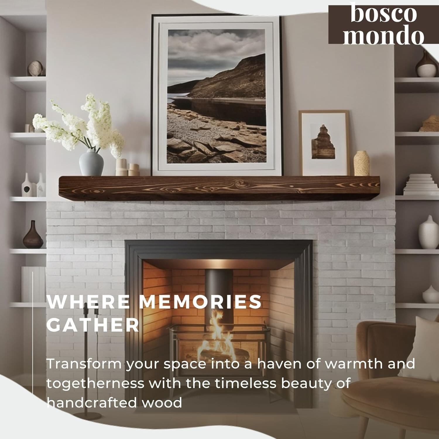 Rustic Solid Wood Fireplace Mantel Shelf - 72" Floating Elegance in Brown 6