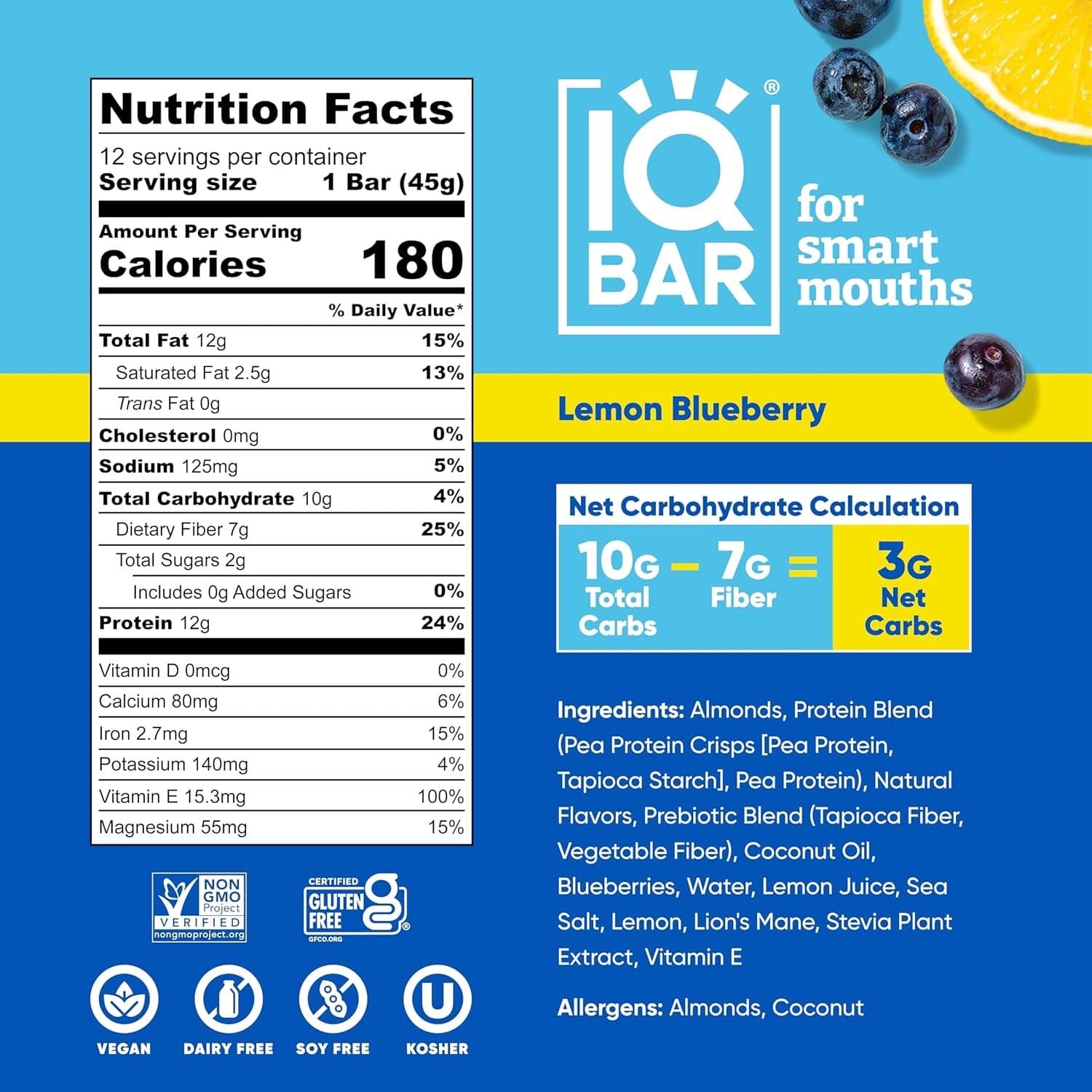 Brain and Body Plant Protein Bars - Lemon Blueberry - 12-Count Low Carb 6