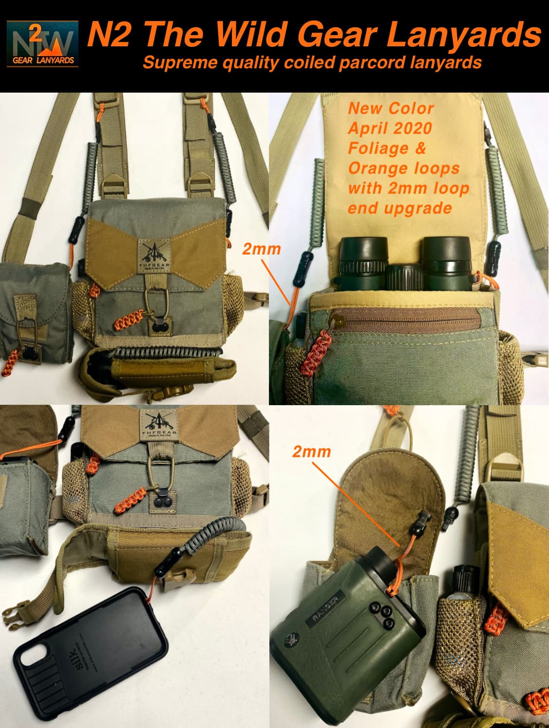 N2 The Wild Gear Lanyards Foliage Green & Orange Bino Harness Rangefinder Tether 5
