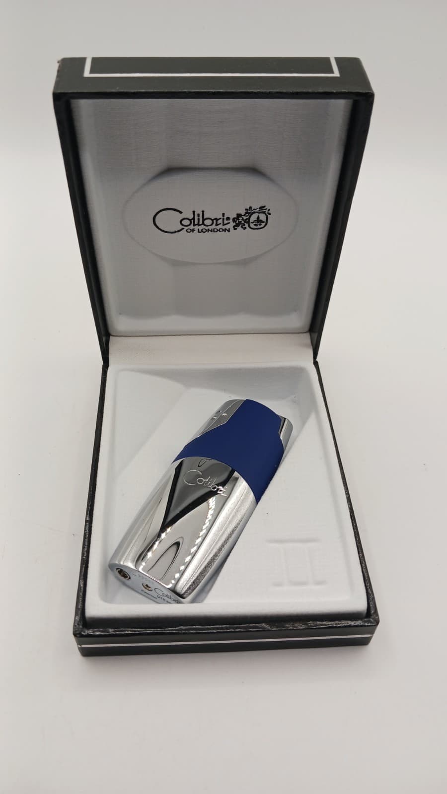 Colibri London QTR6900 Rio Jet Silver Blue Lighter NIB Windproof Patented Butane 3