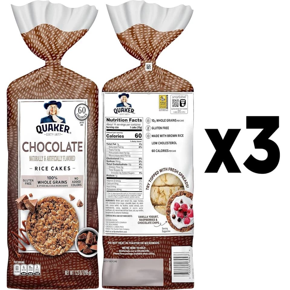 Quaker Large Rice Cakes, Chocolate, 7.23 Oz Bags, (3 Pack), Gluten Free, Whole G 2