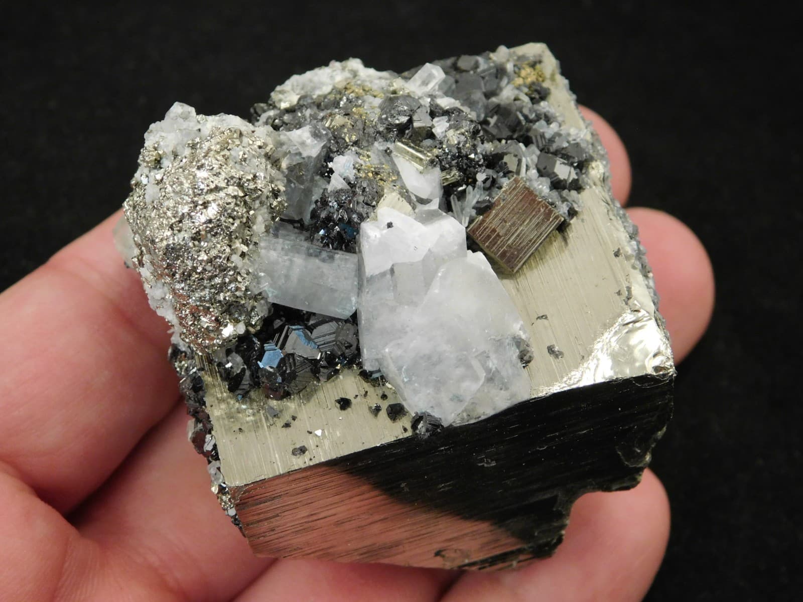 PYRITE Crystal CUBE With a FLUORESCENT Calcite Crystal and Sphalerite 260gr 4