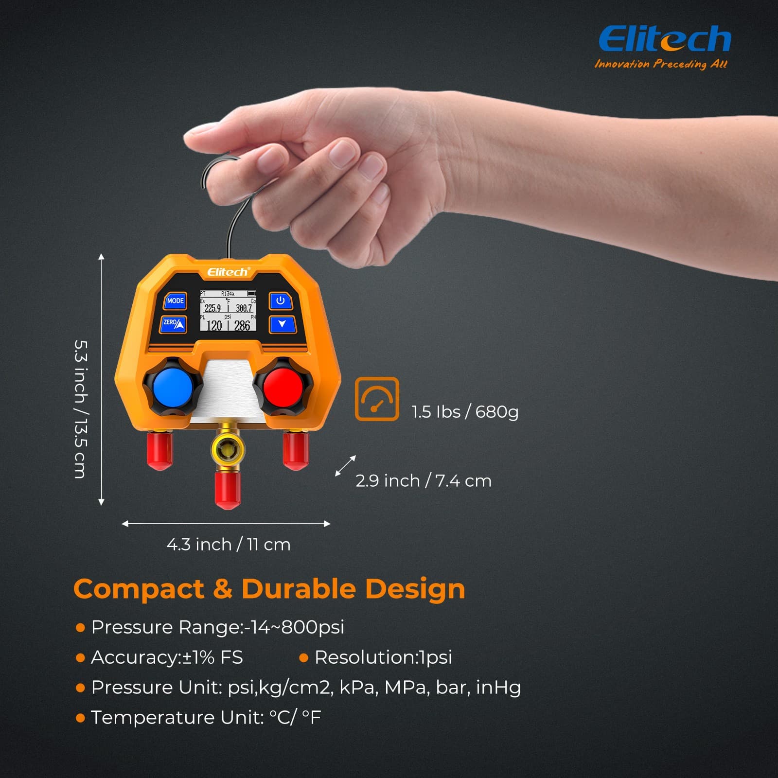 Elitech DMG-2SE Digital Manifold Gauge Set Pressure Gauge with Charging Hose 3
