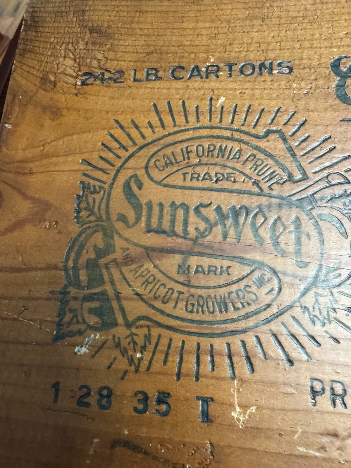 Vintage Sunsweet Prunes Wood Box side - California Prune & Apricot Growers 5