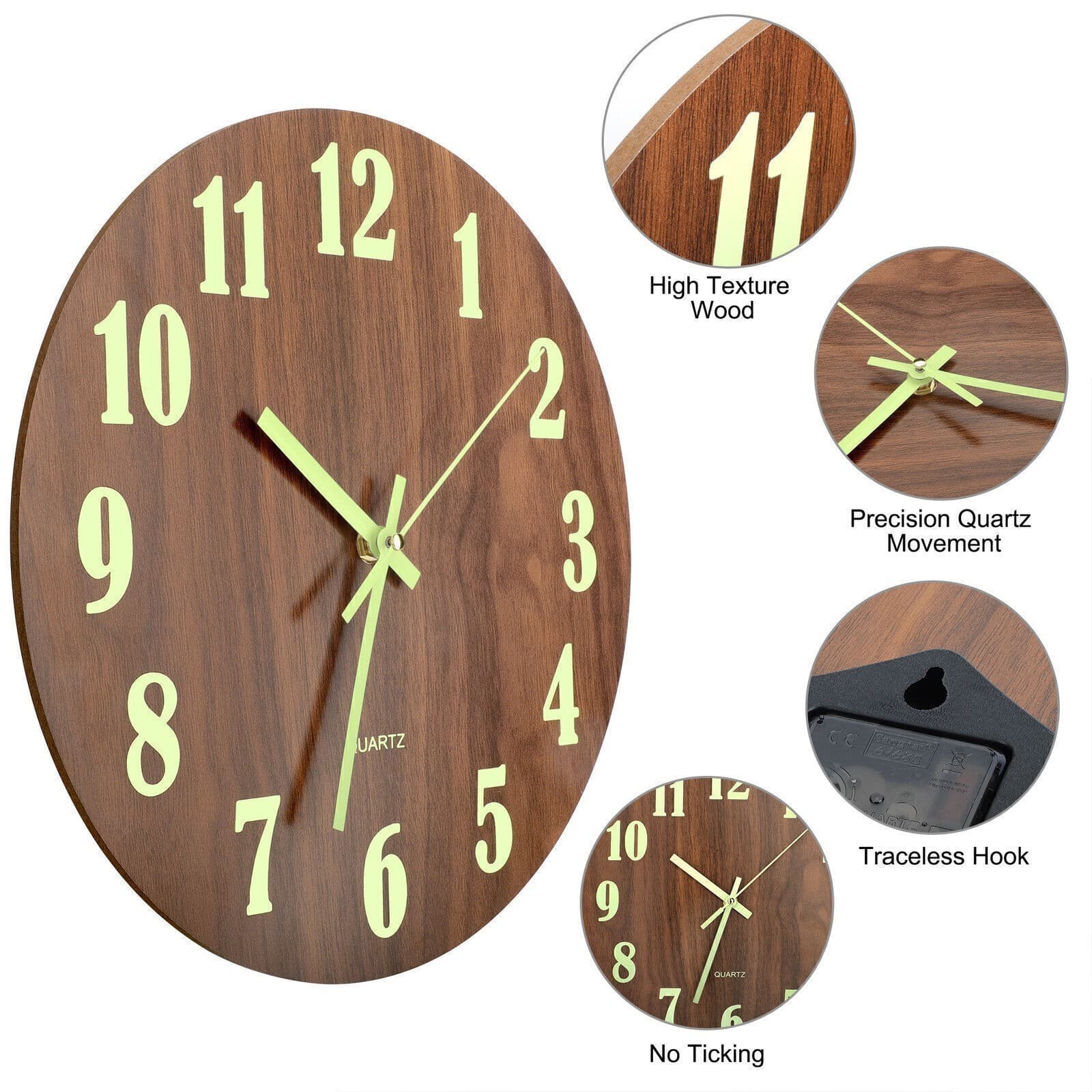 12'' Wall Clock Large Luminous Quartz Night Light Glow In The Dark Silent Home 3