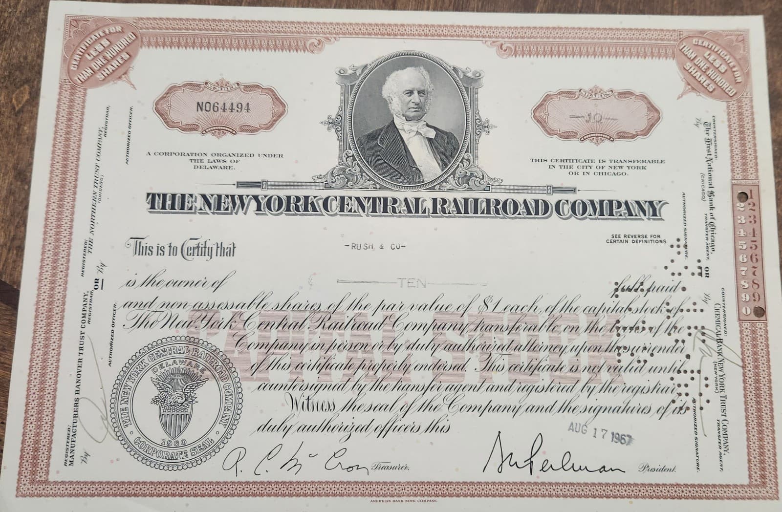 Vintage NEW YORK CENTRAL RAILROAD CO. Stock Certificates  1960s 2