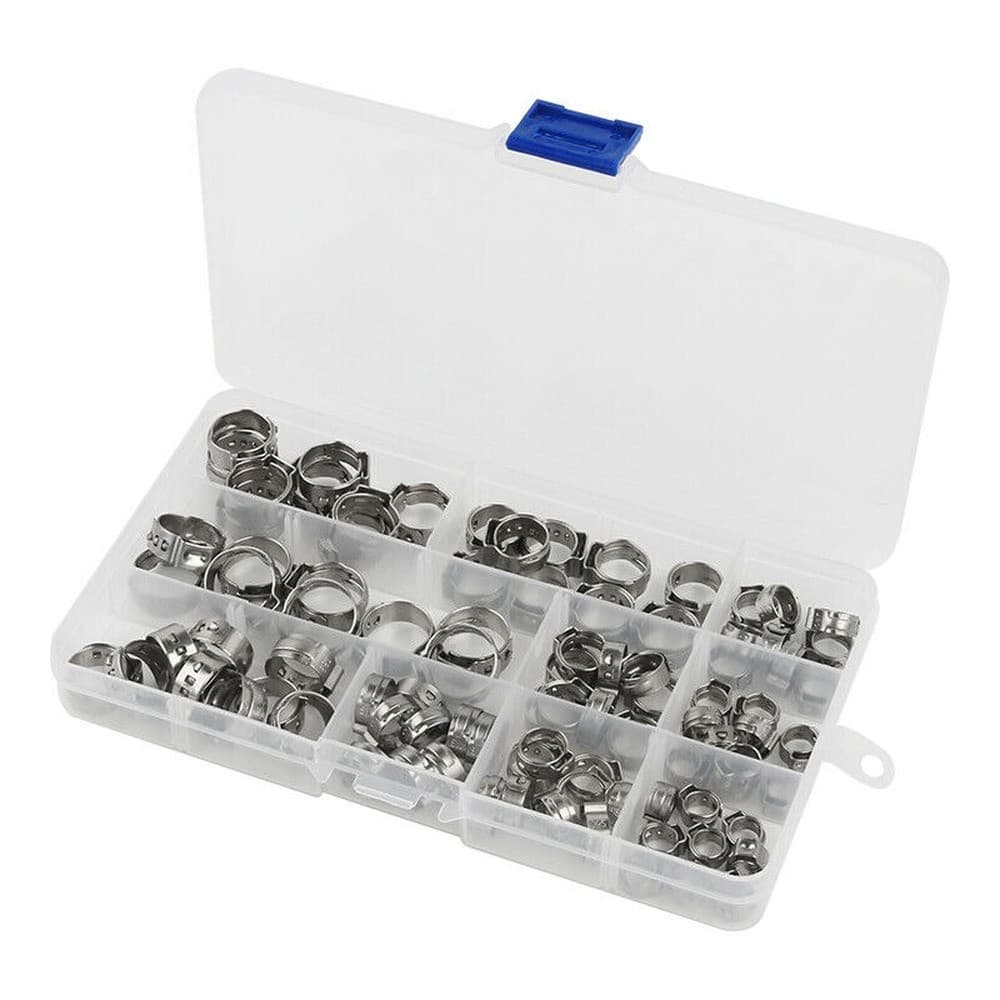 100pcs Assorted Hose Clamps Stainless Steel Ear Cinch Rings Crimp Pinch Kit 4