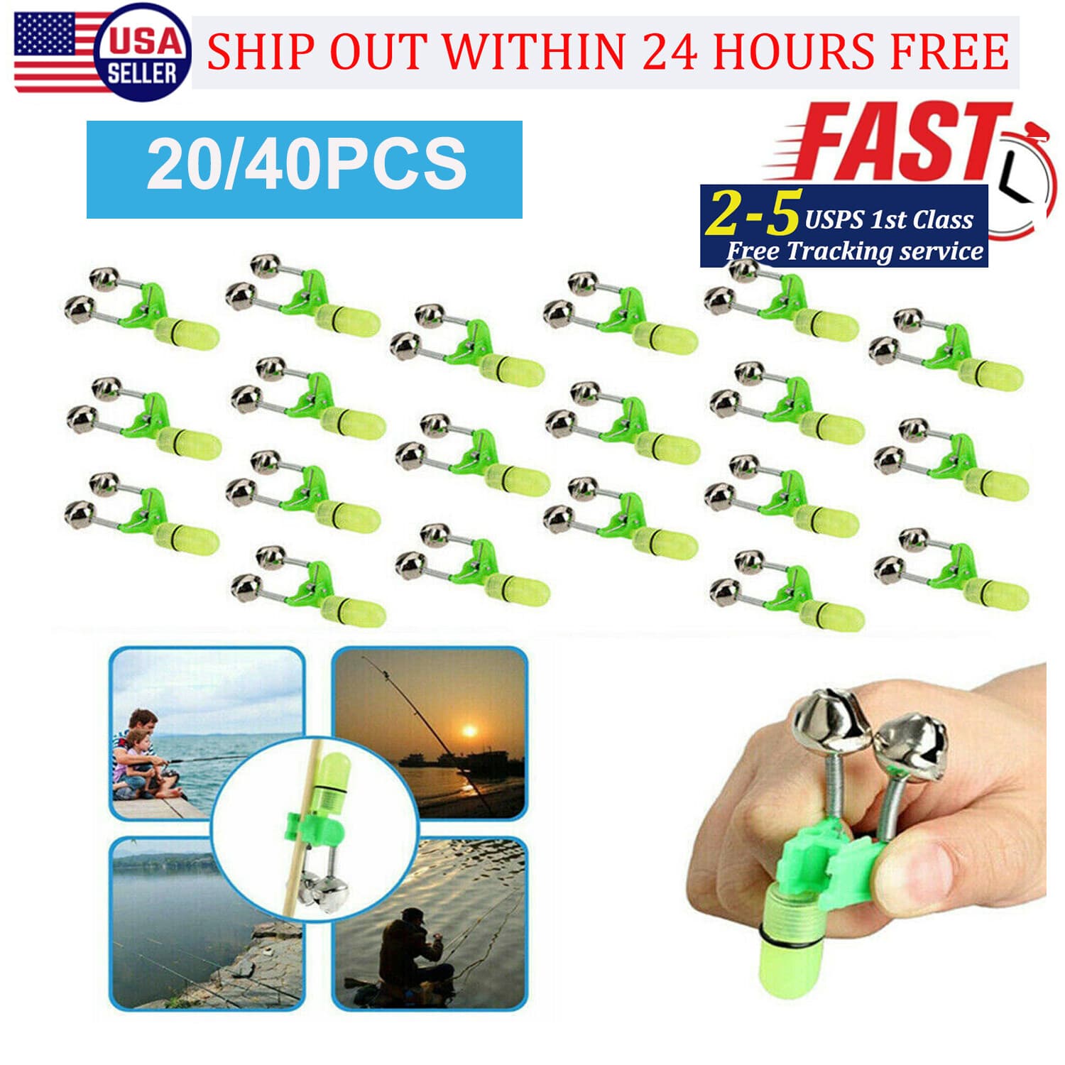 20/40PC LED Night Fishing Bite Bait Alarm 2 Bells Light Rod Tip Clip Alert Ring