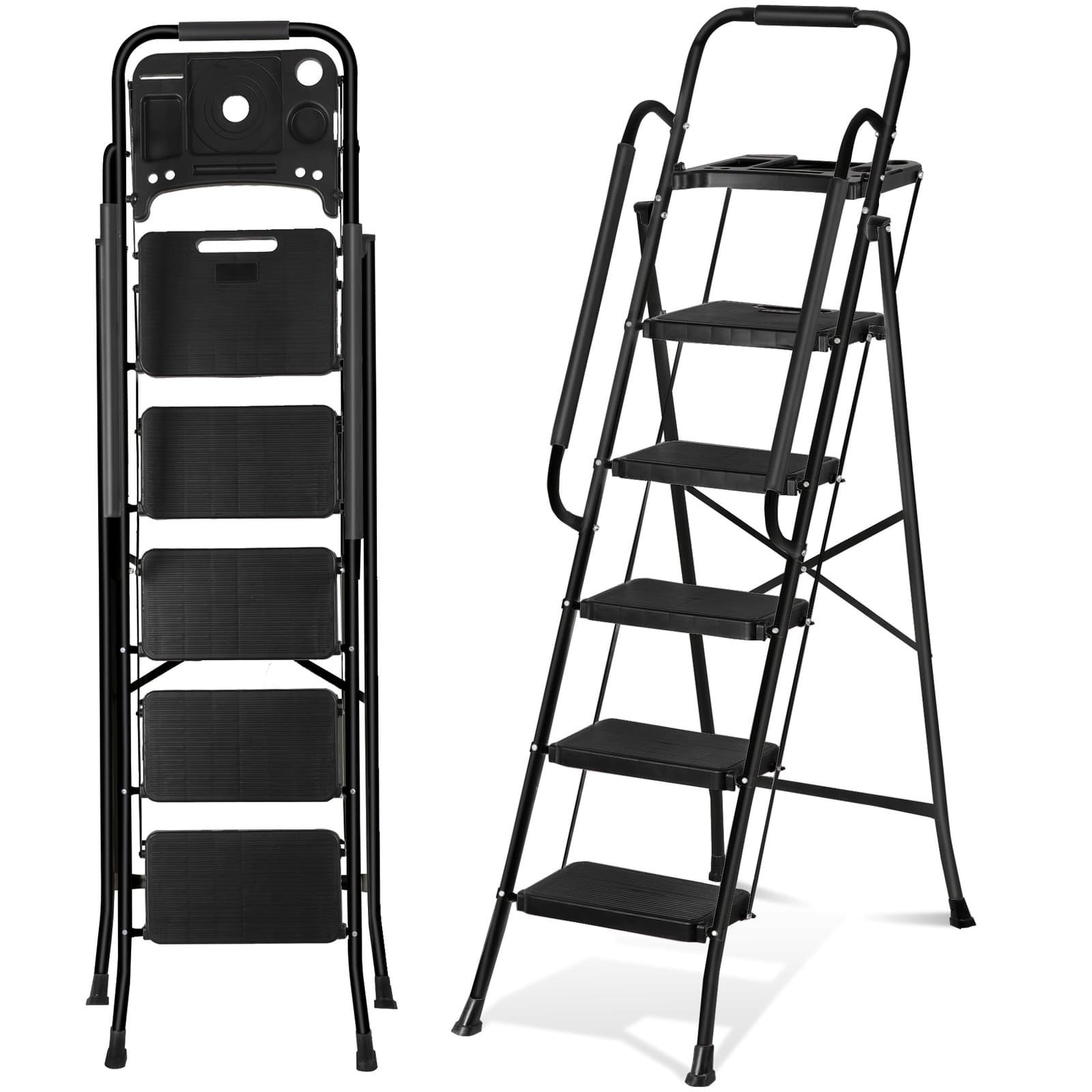 5 Step Ladder w/Tool Tray Folding Step Stool Wide Anti-Slip Pedal Handgrip Black 2