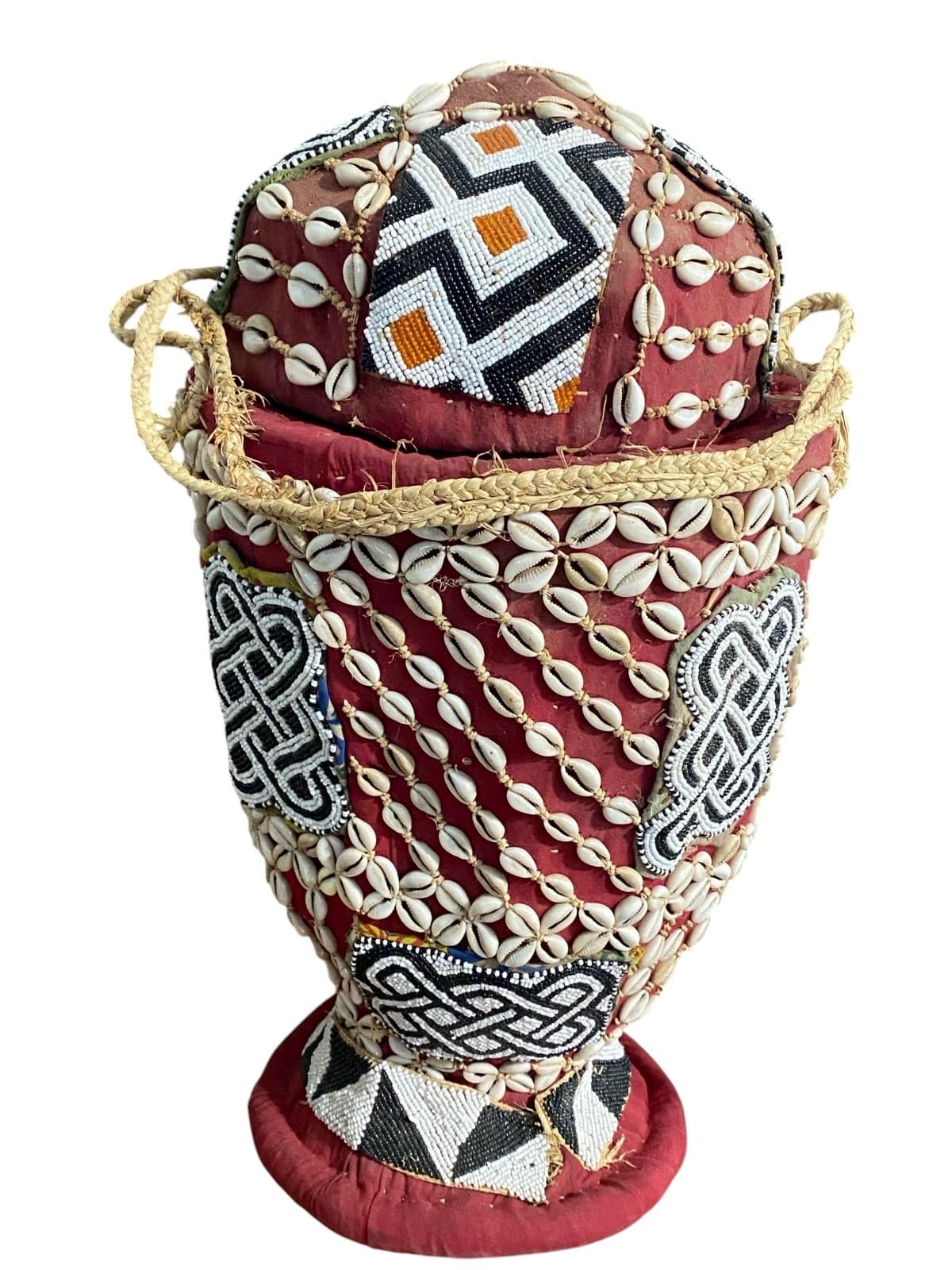 #1122 Vintage Large Kuba Royal Beaded Basket Congo 22" H 5