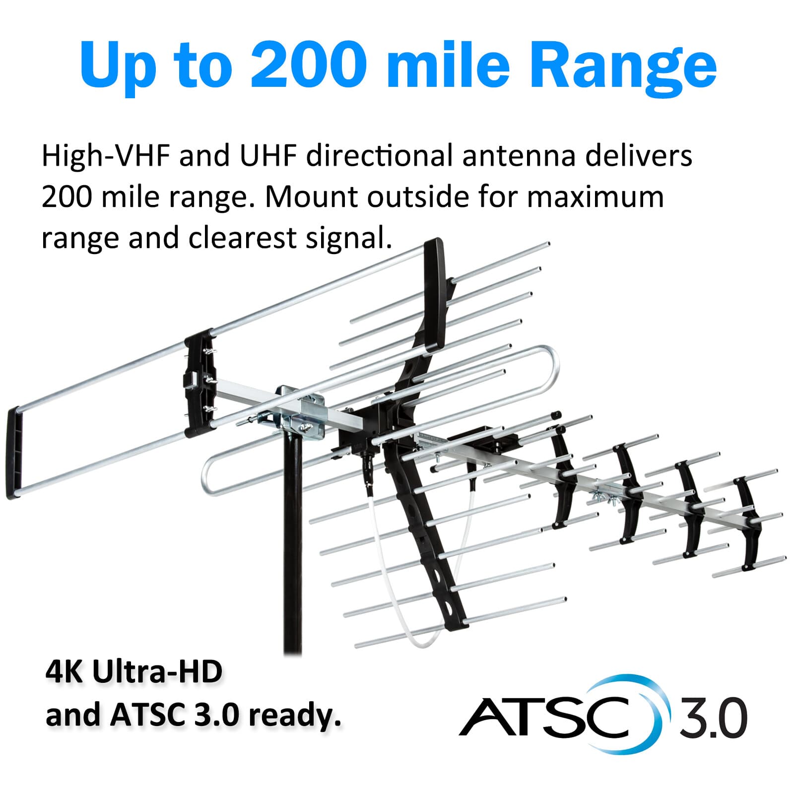 Outdoor Attic or Roof Mount TV Antenna up to 200 Miles with Mounting Pole 2