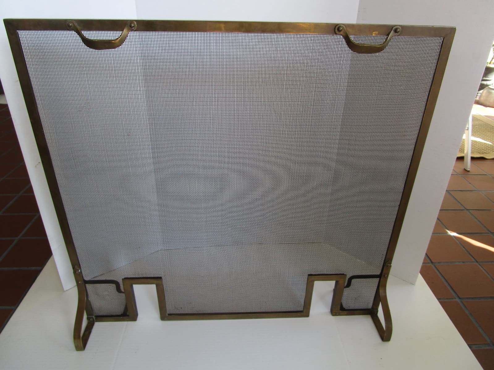 Vintage Art Deco brass frame Fireplace Fire-screen w/andirons slots 31.5" W 1930