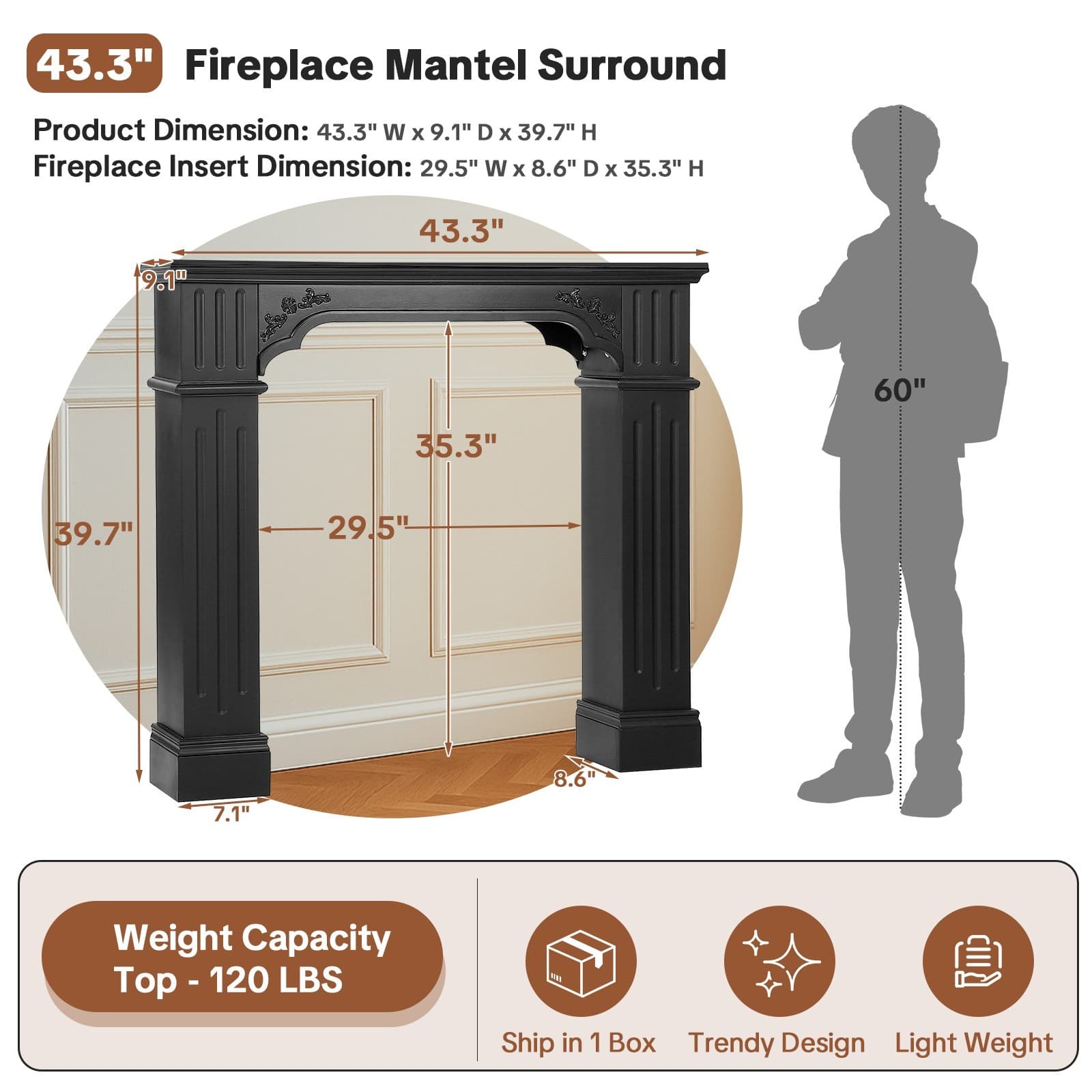 Classic Fireplace Mantel Wood Surround Mantels for Electric Fireplaces w/ Shelf 2