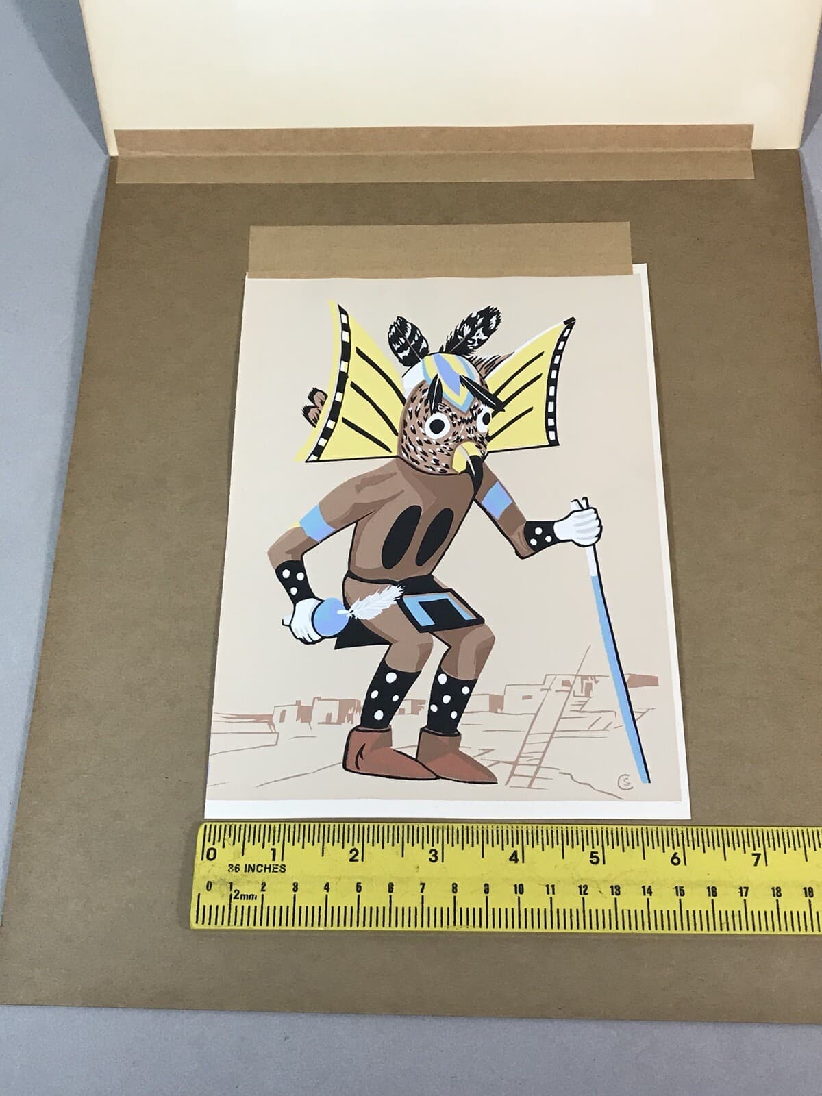 Vintage SILKSCREEN American Indian Hopi Kachina Mongwa Great Horned Owl by CS 3