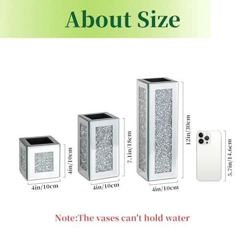 Silver Rectangle Glass Vases for Decor:  Tall Crushed Diamond Mirror Vase for  6