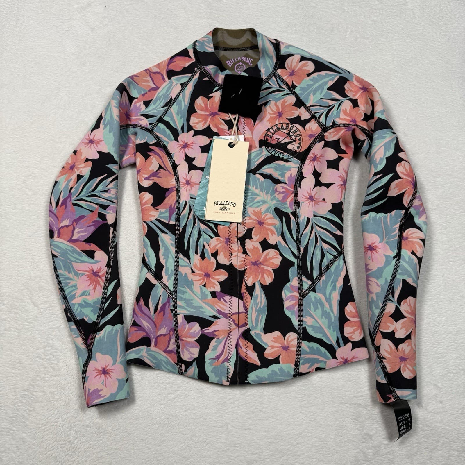 Billabong Wetsuit Jacket Surf Capsule Peeky Floral Zip Top Blue Women's Small 2