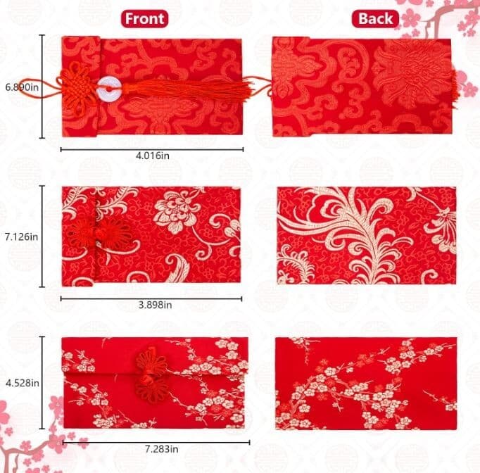 3 PACK! Chinese New Year Silk Red Cash Envelopes, Lucky Money Card Pocket 2