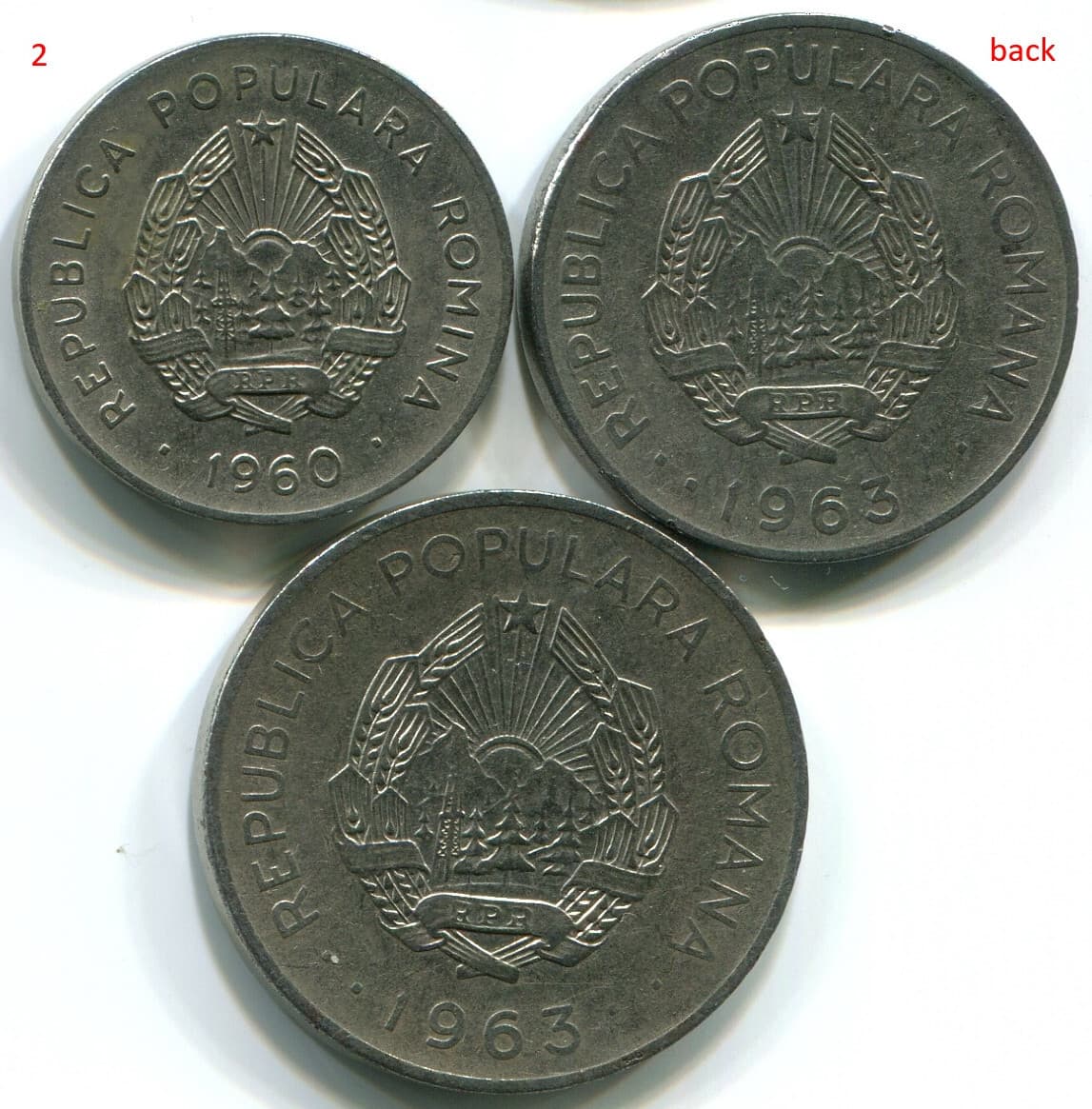 Romania 1960 25 Bani + 1963 1 Leu + 1963 3 Lei,  lot of 3 beautiful coins. C126 4