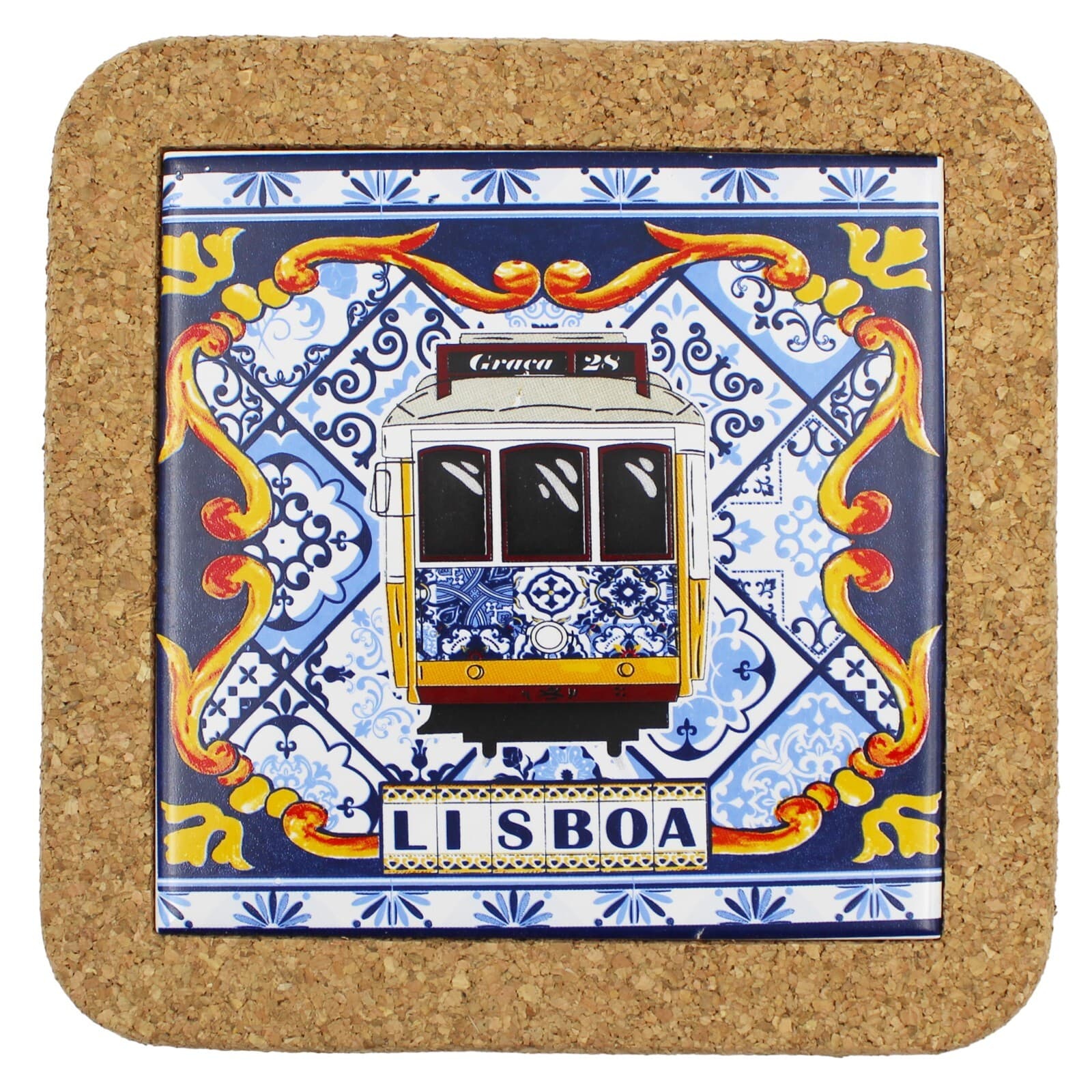Traditional Lisbon Yellow Tram Tile Cork Trivet, Natural Portuguese Cork