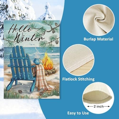Hello Beach Blue Chair Decorative Garden Flag, Christmas 12" x 18" Winter 3