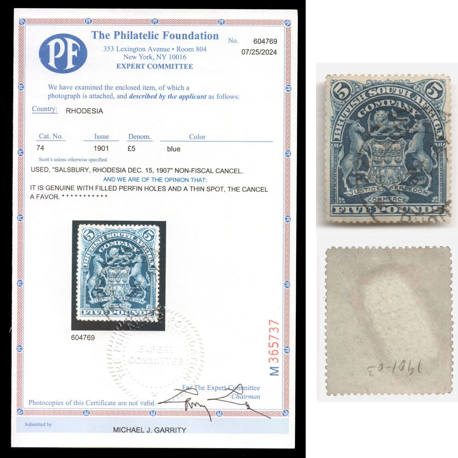 RHODESIA (BSA) Sc74 SG92 £5 blue "Favor Cancel" filled perfins PF COA CV$3,102
