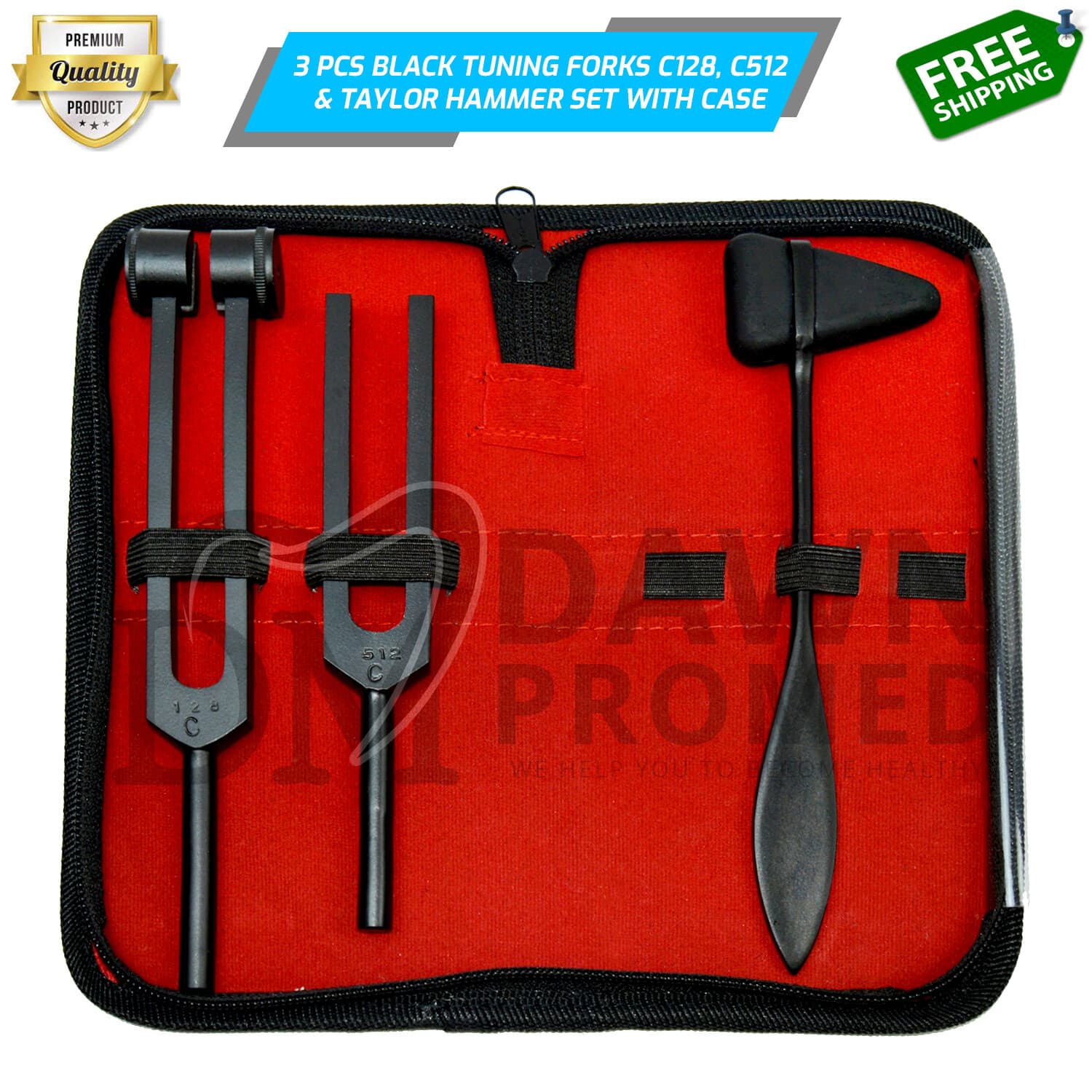 3 Pcs Tactical Black Tuning Forks Set C128, C512 & Taylor Hammer W/Case German G