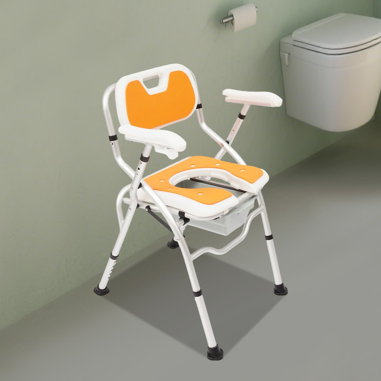 Bedside Adjustable Shower Chair Commode Chair w/Backrest & Armrest Floorstanding 5