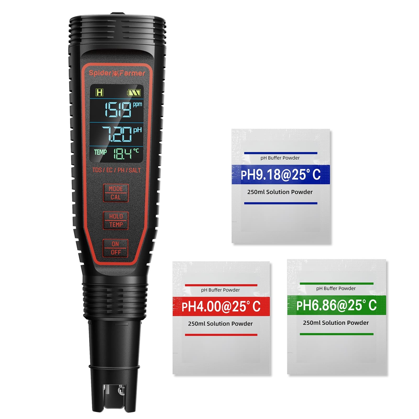 Spider Farmer 5-in-1 TDS/PH Hydroponic Meter Kit with a high-sensitivity sensor