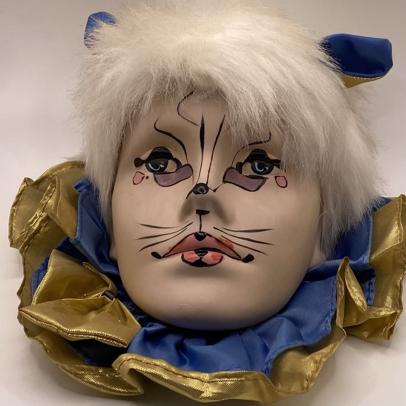 VINTAGE BRINN'S HANDPAINTED JESTER CAT MASK CERAMIC BLUE GOLD MARDI GRAS 3