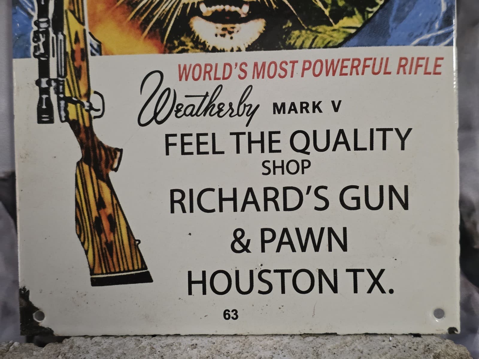 VINTAGE  WEATHERBY MARK V PORCELAIN SIGN HOUSTON 12"×8" 3