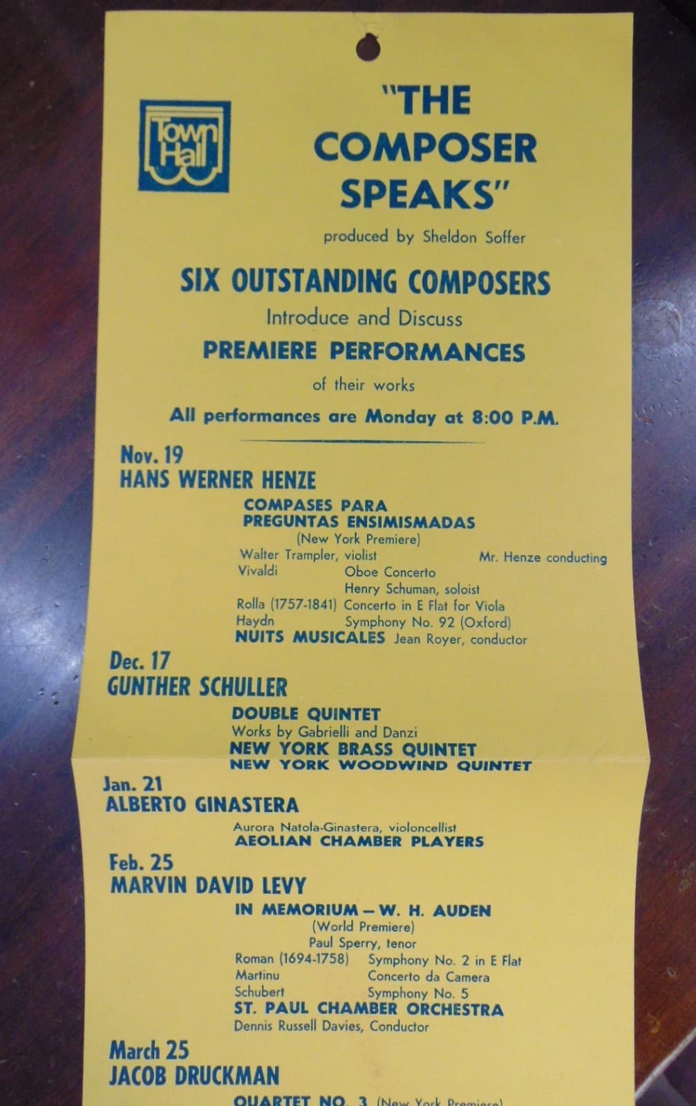 Hanging Calendar: Town Hall's "The Composer Speaks" '73/'74 Henze, Berio, et al 2