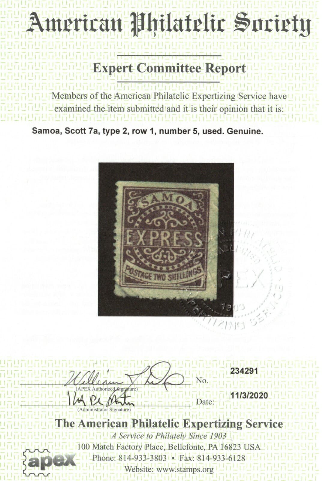 Samoa #7a Fine+ Used Corner Crease **With Certificate** 2