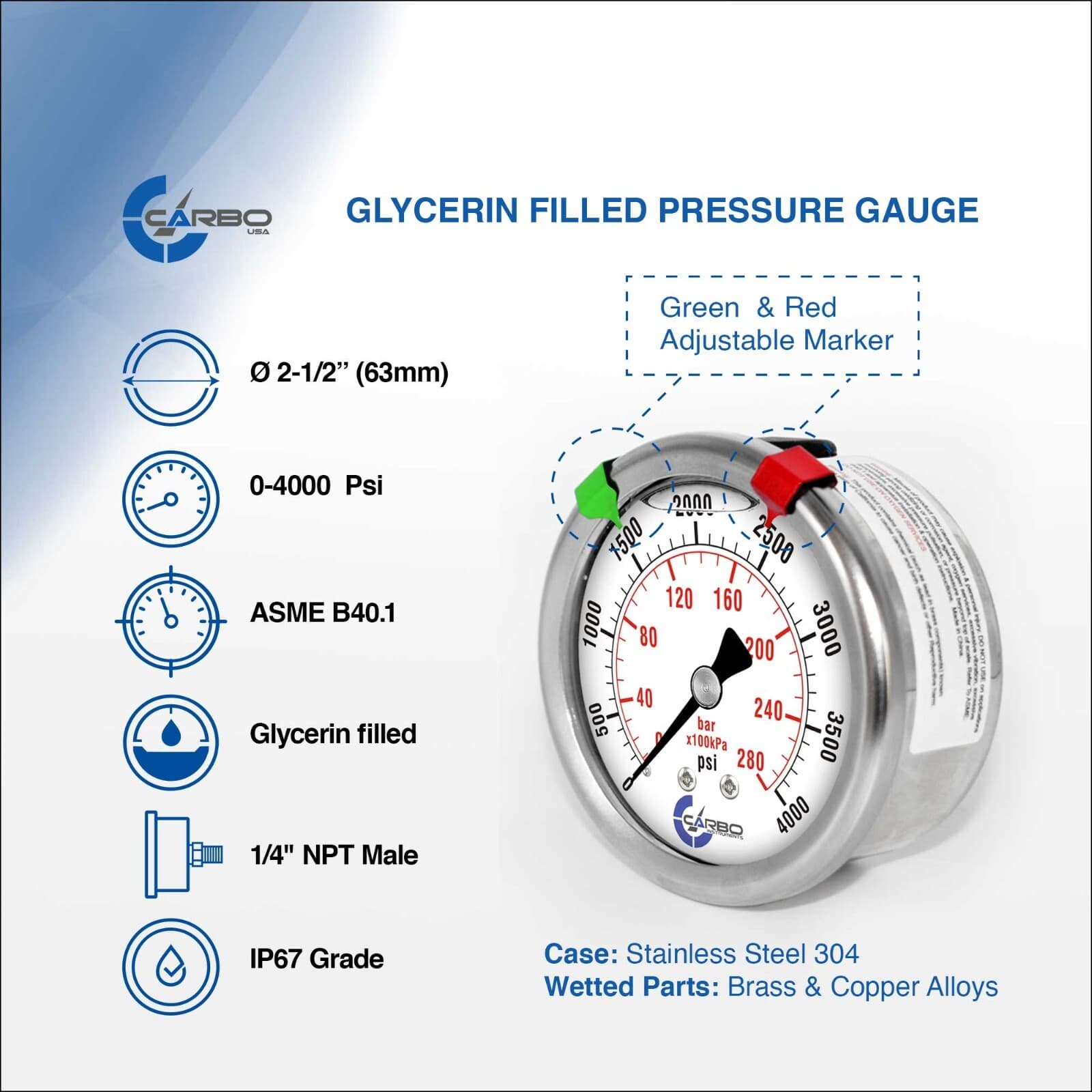 2.5" LIQUID FILLED PRESSURE GAUGE 0 - 4000 PSI, STAINLESS STEEL CASE BACK  MOUNT 2
