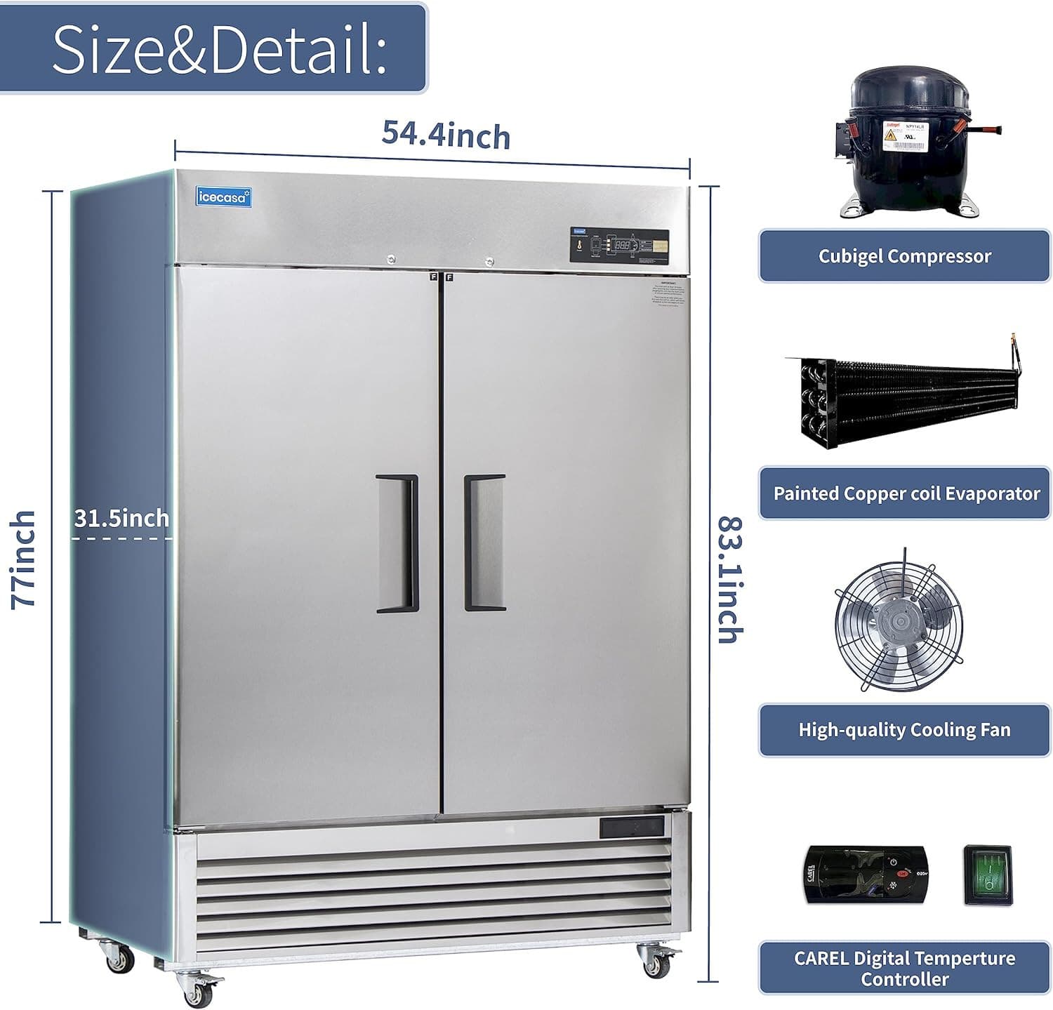 54" Commercial Freezer, ICECASA Double Door Commercial Reach-In Freezer 49 Cu.ft 2