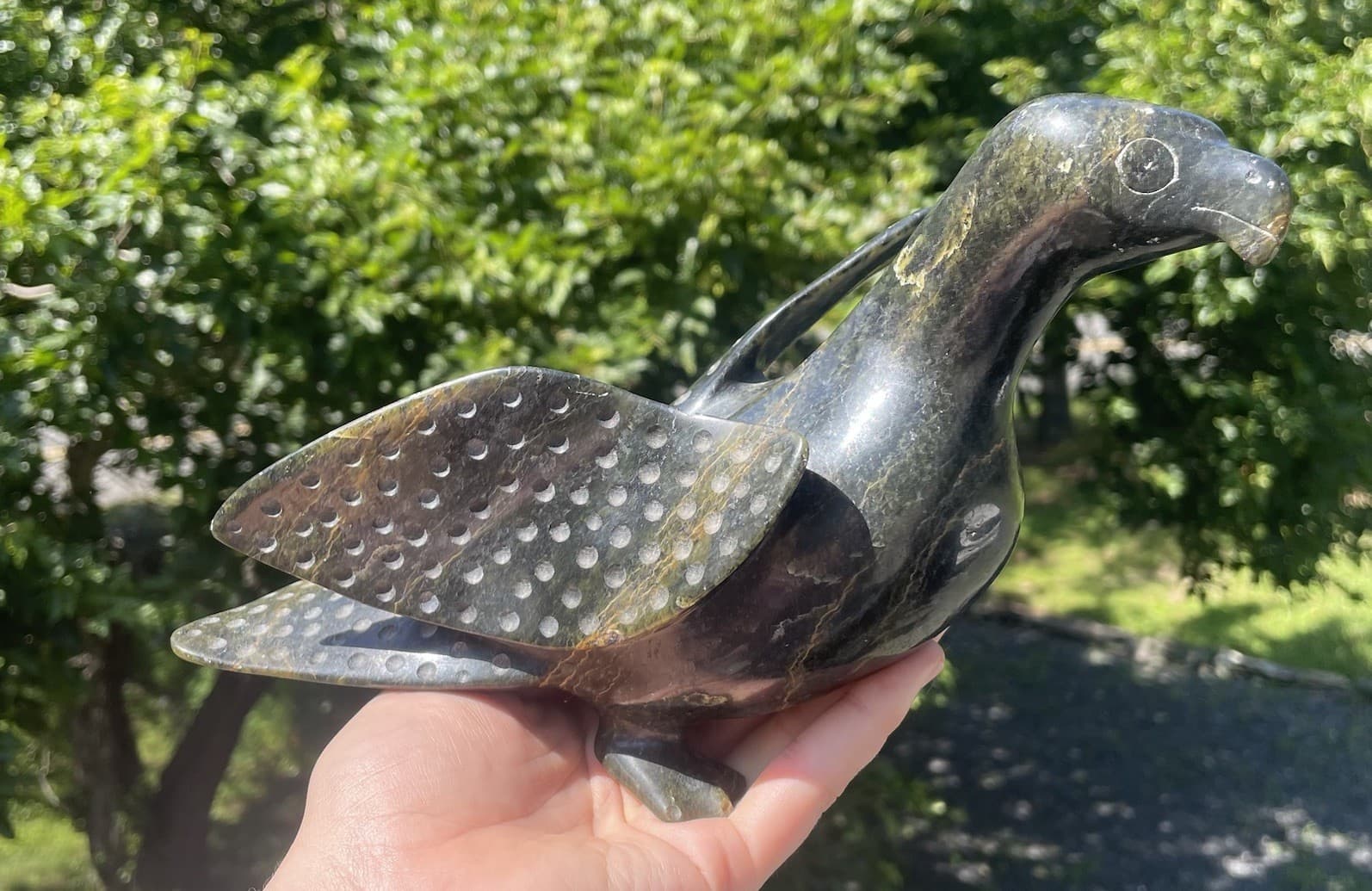 LARGE Hand Carved Inuit Serpentine Eagle Bird Green Stone Native Art Sculpture 2
