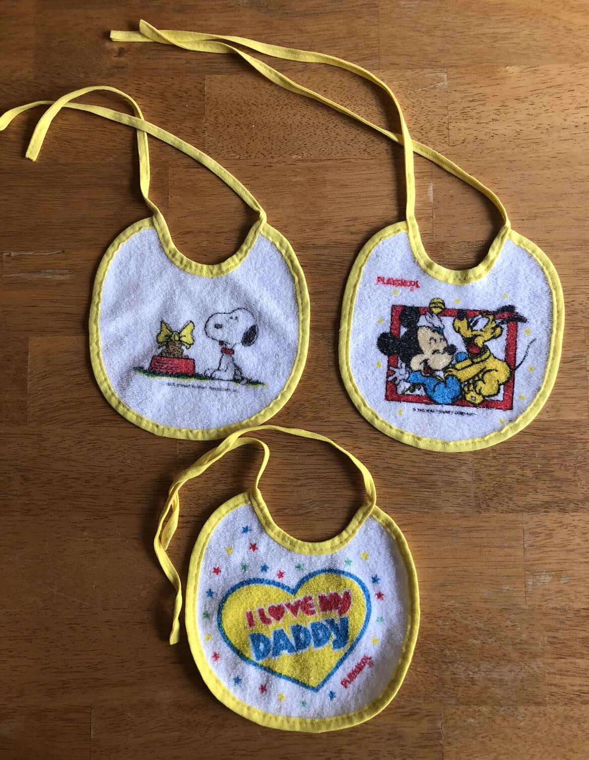 3 Playskool Disney Mickey Pluto Snoopy Tie Baby Bibs Vintage 80’s ? 7" x 7"