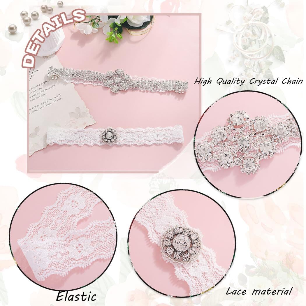 2 Pack Floral Crystal Wedding Garters Rhinestone Lace Pearl Stretch Bridal 2