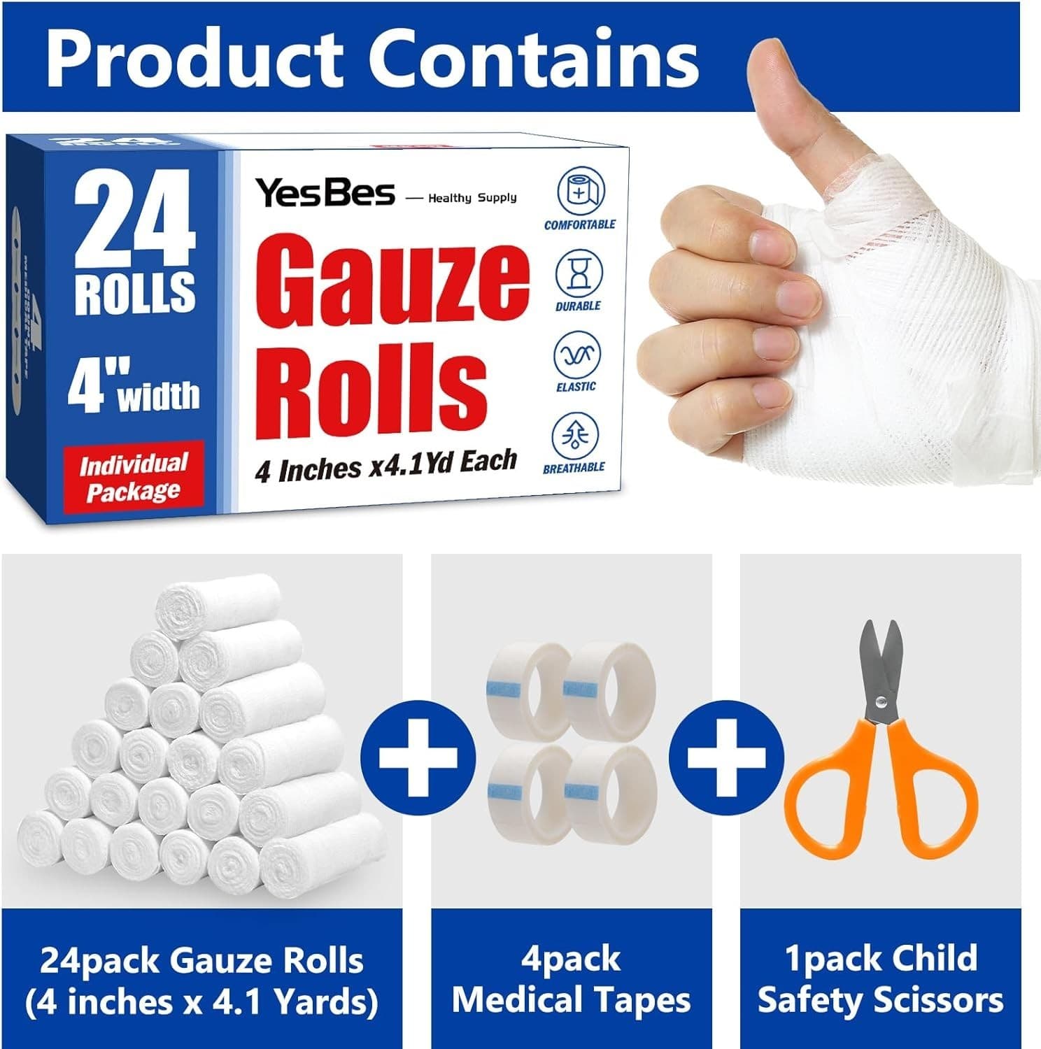 24 Pack 4 Inch 4.1 Yards Gauze Bandage Roll, Gauze Wrap Rolls for Wounds 5
