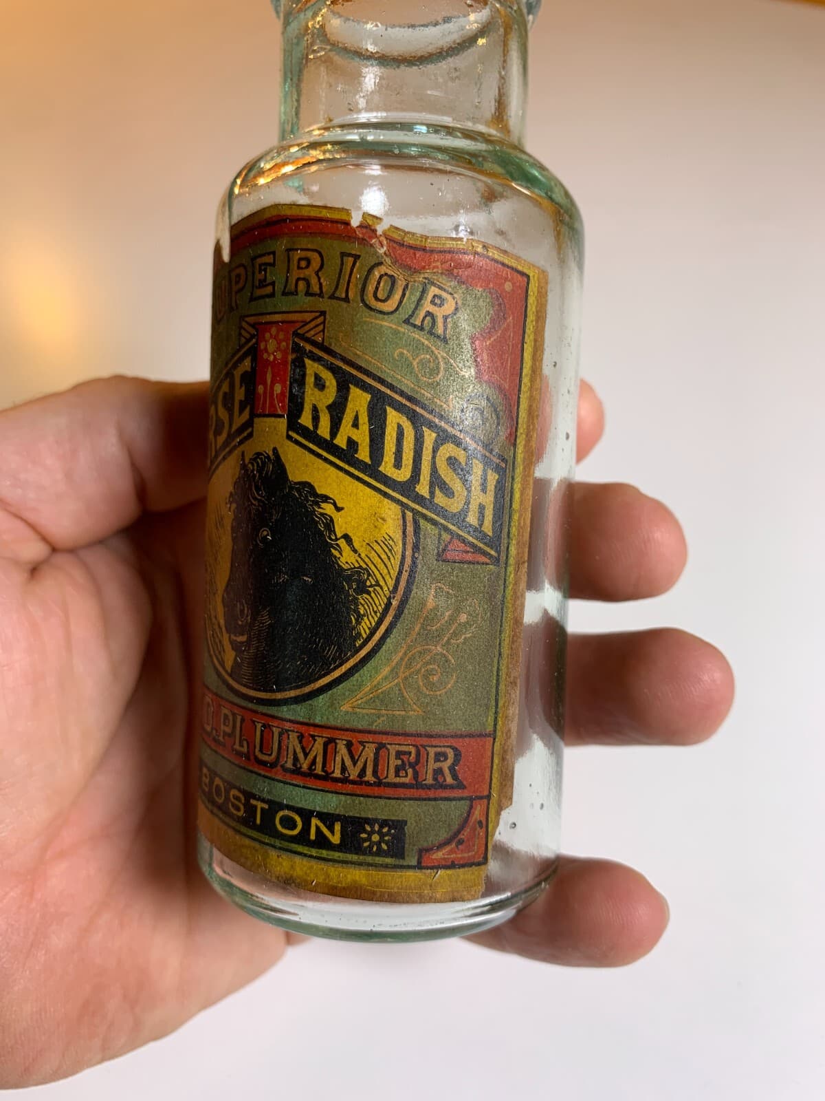 Antique LABEL Superior Horse Radish Horseradish Boston MA Plummer Bottle Jar 6
