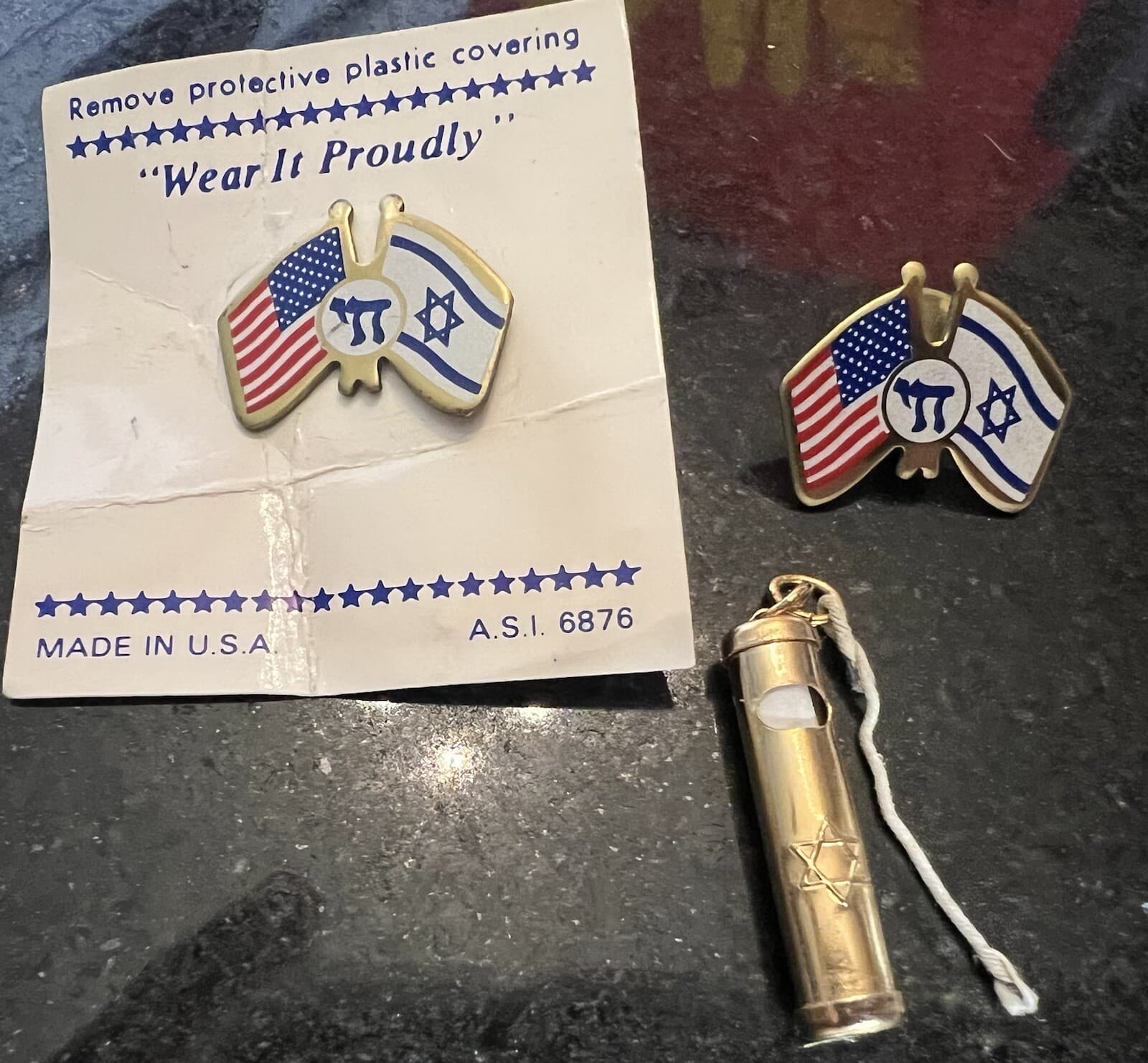 2 Israel & USA Pins 1 Mezuzah W/ Scroll Pendant Vintage