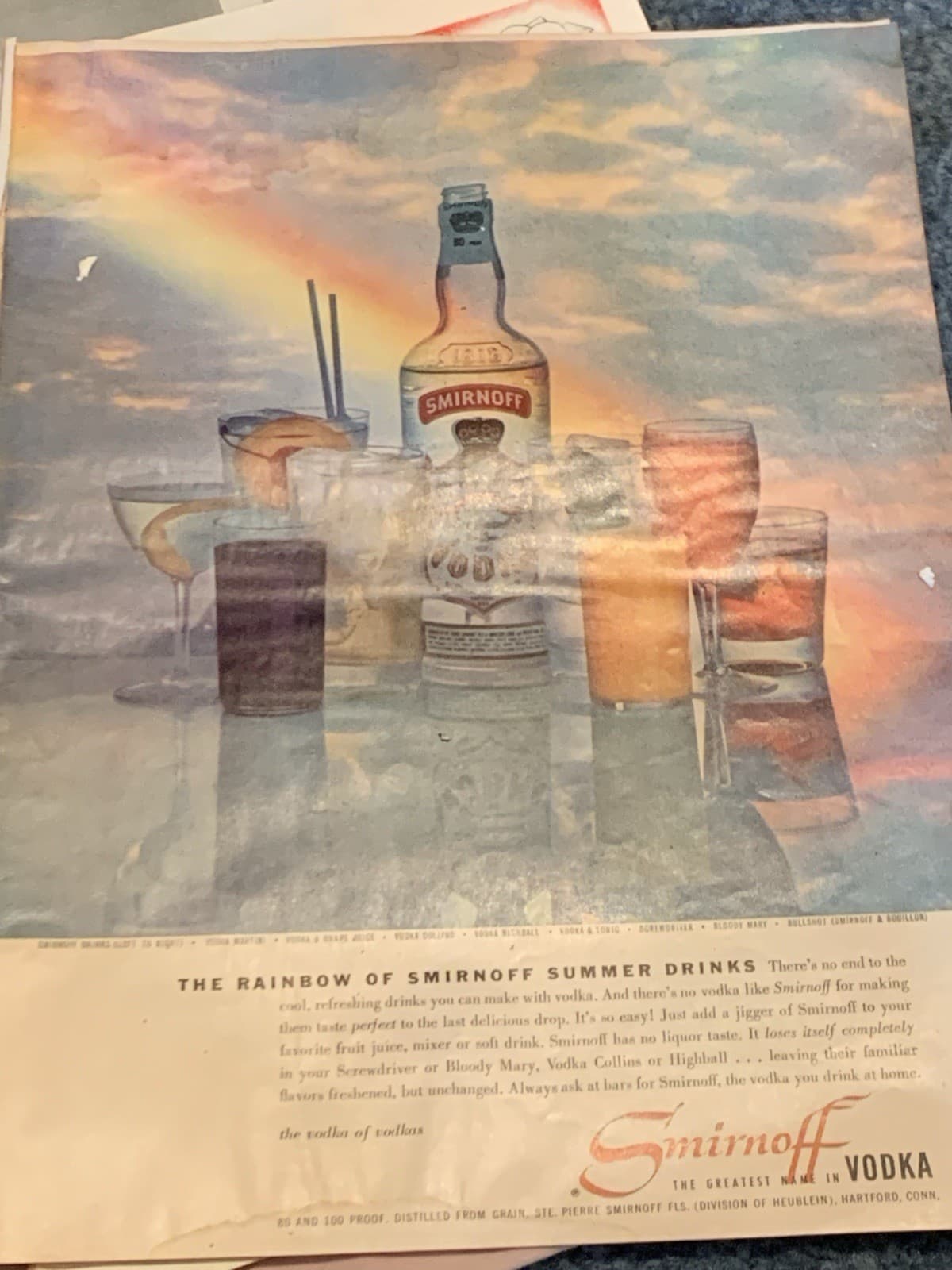 1958 magazine ad for Smirnoff Vodka - A Rainbow of Summer Drinks