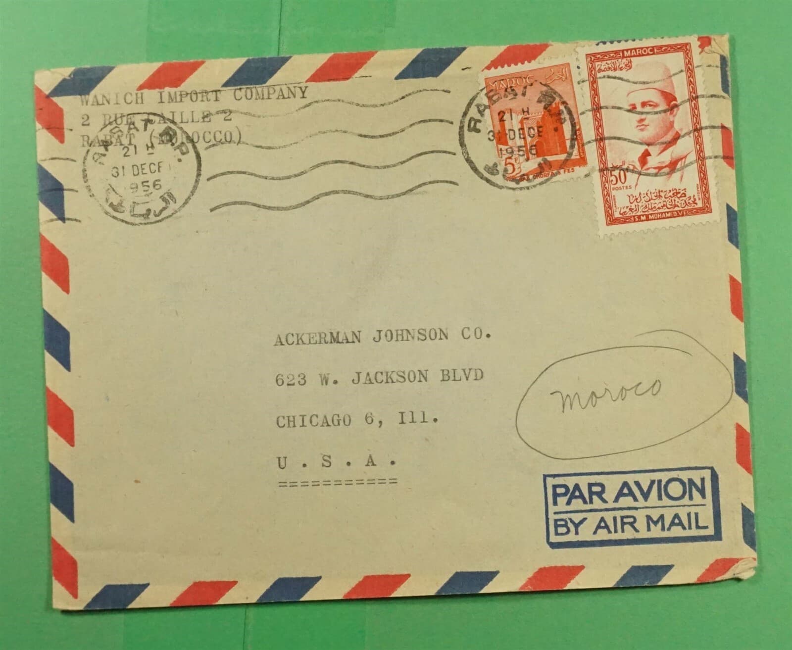 DR WHO 1956 MOROCCO RABAT AIRMAIL TO USA j18422