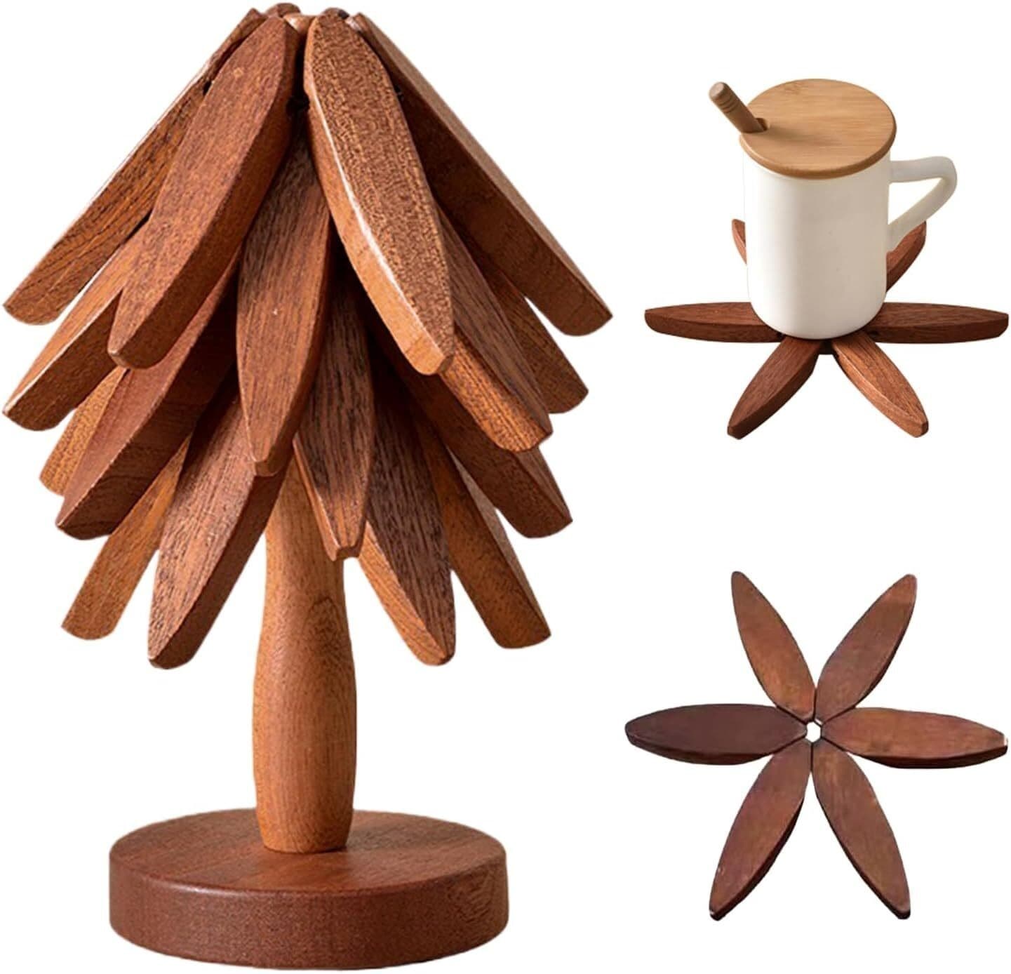 Foldable Wooden Trivets Tree Shape Trivet Set for Teapot Hot Pots Hot Dishes 2