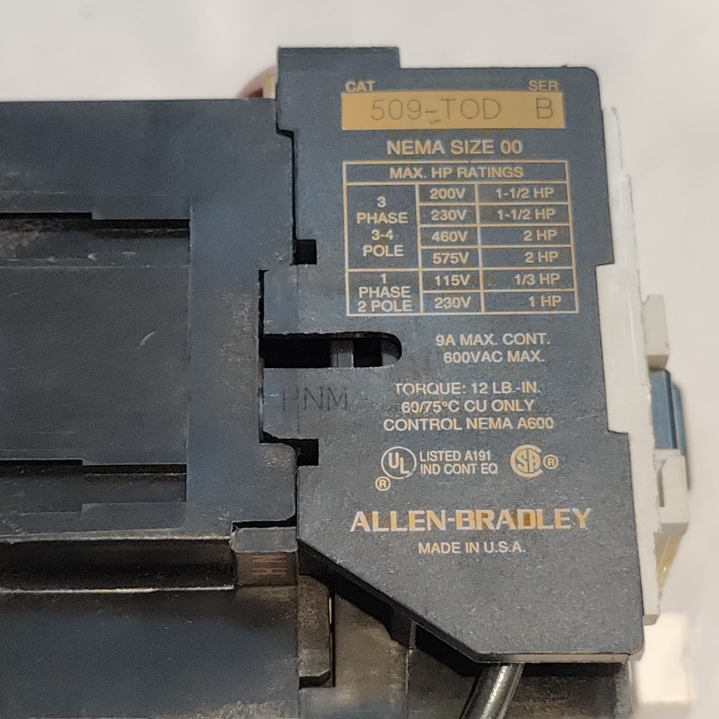 ALLEN BRADLEY 509-TOD FULL VOLTAGE STARTER SER.B 3PH 9A 600VAC 2HP  3