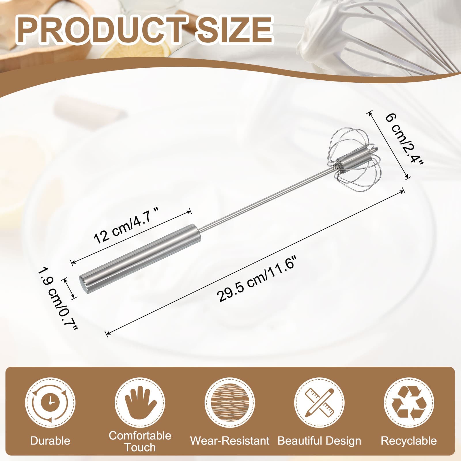 Stainless Steel Whisk, 11.6 Inch Semi-Automatic Whisking Tool, Silver 2