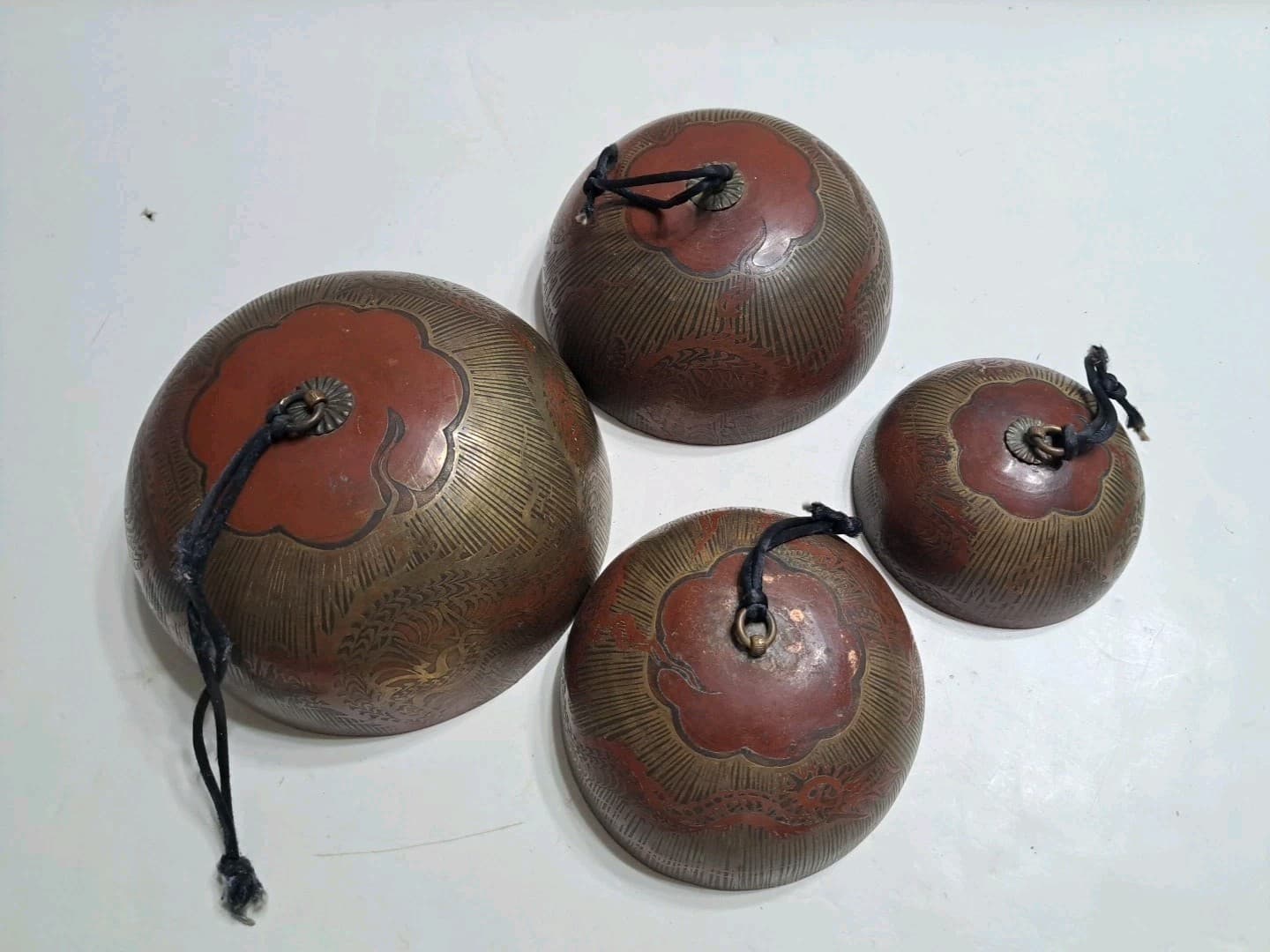 20th Century Chinese Brass Four Tier Cascading Temple Bell with Dragon...