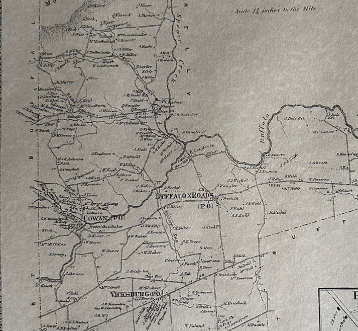 Cowan Vicksburg Buffalo Township, Pa, 1868 Map with Landowners Names Shown